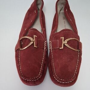 Anne Klein Burgundy Suede Loafers with Gold Buckle